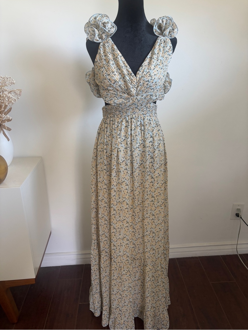 Fate Cream Floral Maxi Dress with Ruffle Shoulder Rosettes